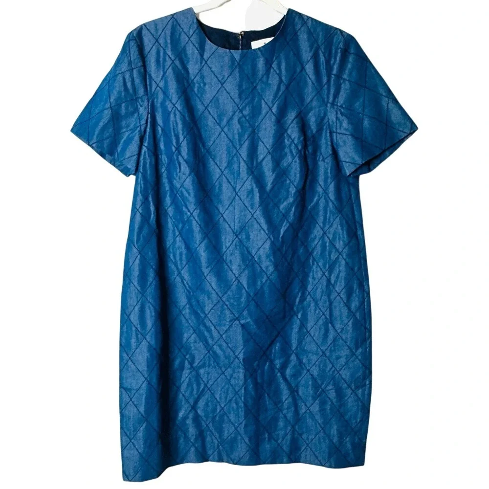 Kate Spade Quilted Chambray Shift Dress Sz 2 Dark Blue Short Sleeve‎ Teacher